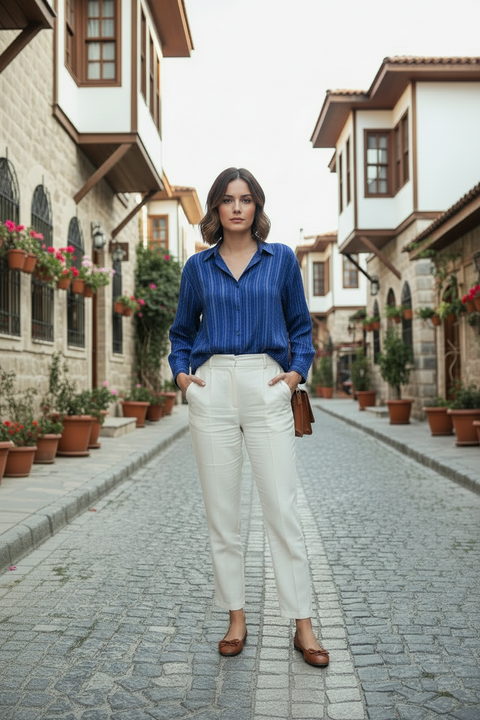 Lacivert & İndigo Çizgili Bohem Gömlek - Dokulu Pamuklu Kumaş