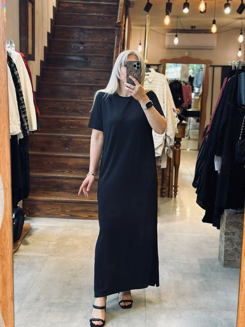 Çift Yırtmaçlı Likralı Maxi Elbise