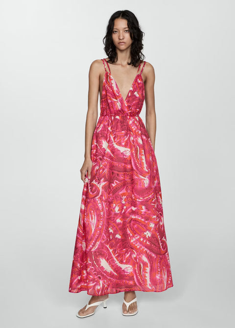 Pembe Paisley Desenli Sırt Açık Maxi Elbise