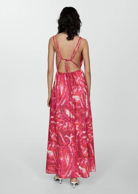 Pembe Paisley Desenli Sırt Açık Maxi Elbise