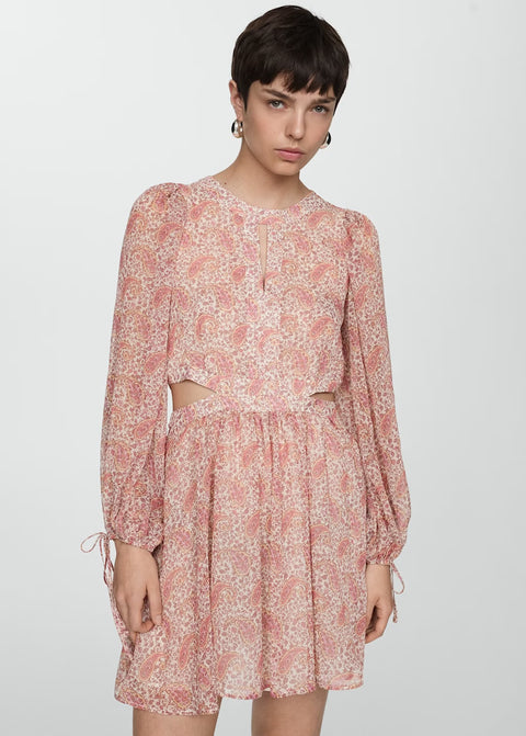 Pembe Paisley Desenli Bel Kesimi Balon Kollu Mini Elbise