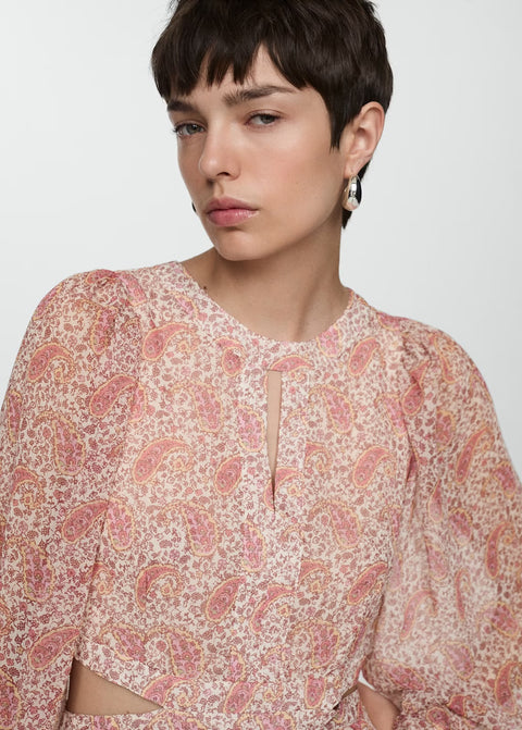 Pembe Paisley Desenli Bel Kesimi Balon Kollu Mini Elbise