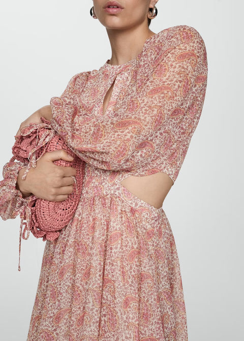 Pembe Paisley Desenli Bel Kesimi Balon Kollu Mini Elbise