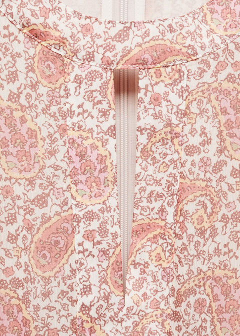 Pembe Paisley Desenli Bel Kesimi Balon Kollu Mini Elbise