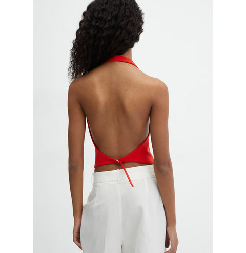 Kırmızı Halter Yaka Sırt Açık Crop Yelek