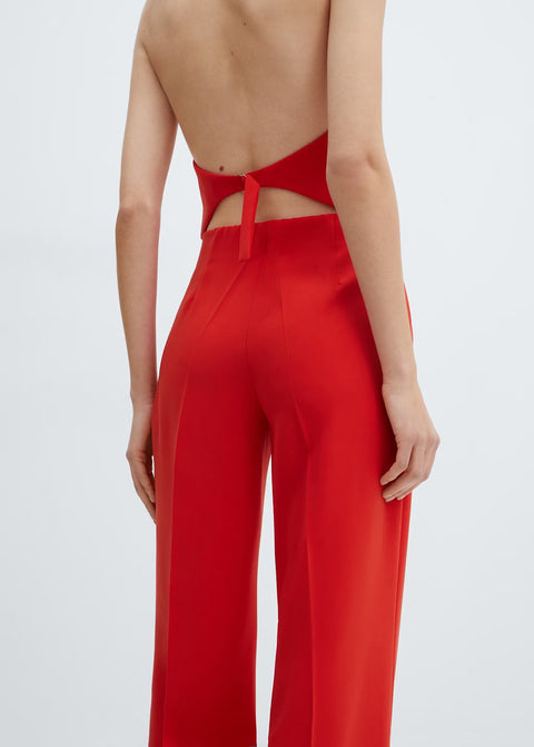 Kırmızı Halter Yaka Sırt Açık Crop Yelek
