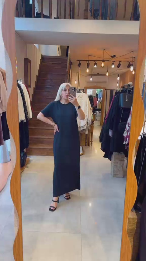 Çift Yırtmaçlı Likralı Maxi Elbise