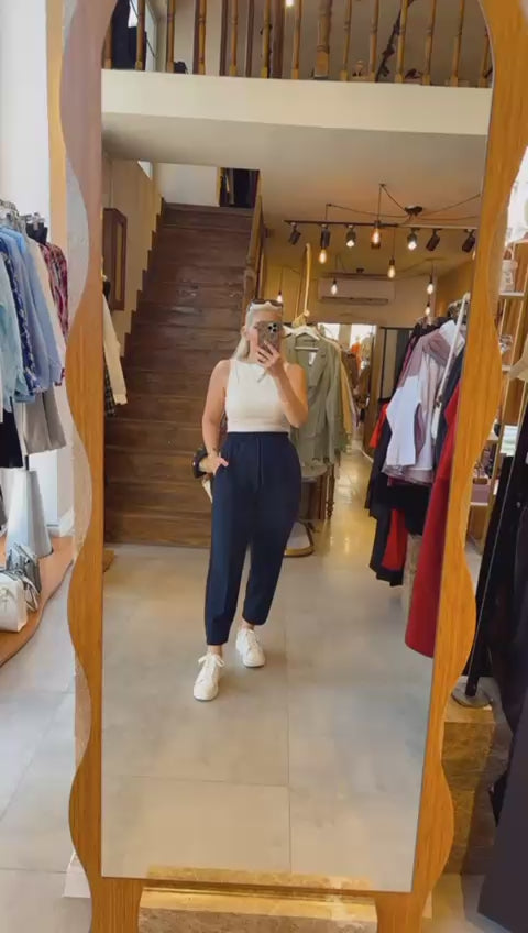 Yüksek Bel Lastikli Havuç Kesim Pantolon - Lacivert