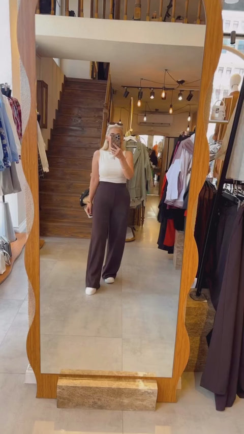 Yüksek Bel Geniş Paça Palazzo Pantolon - Acı Kahve