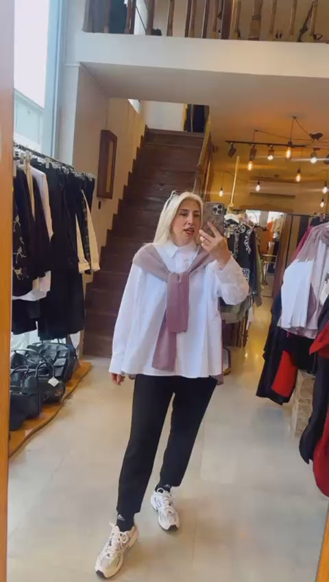 Kare Kesim Arkası Desenli Pamuklu Oversize Gömlek