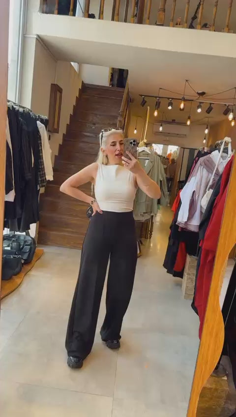 Çımalı Yüksek Bel Beli Lastikli Geniş Paça Siyah Palazzo Pantolon