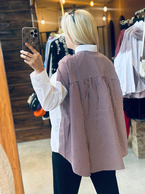 Kare Kesim Arkası Desenli Pamuklu Oversize Gömlek