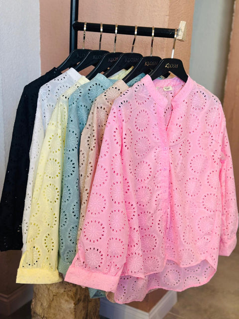 (Classic & Elegant): White Eyelet Embroidered Mandarin Collar Cotton Shirt
