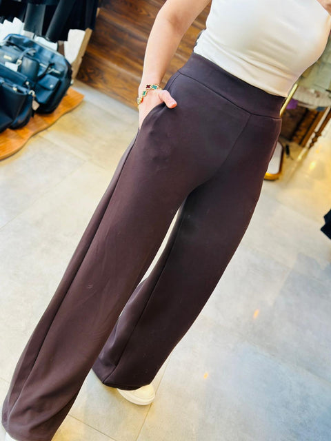 High Waist Pocketed Palazzo Pants-Bitter Coffee