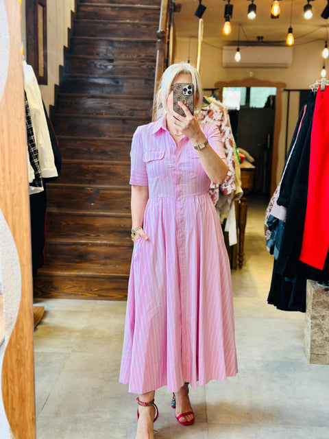 Pembe Çizgili Gömlek Elbise