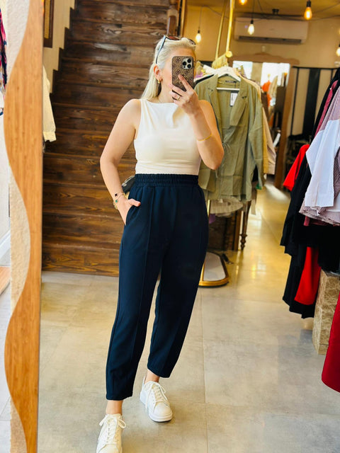 Lacivert Beli Lastikli Çıma Detaylı Pantolon