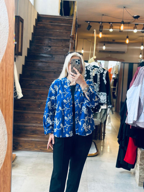 Saks Mavisi Nakış İşlemeli Bohem Gömlek